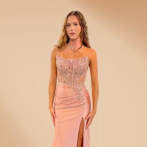 New Strapless Refined Sheath Gown w/ Scoop Neck & Sheer Beaded Bodice AC 8059